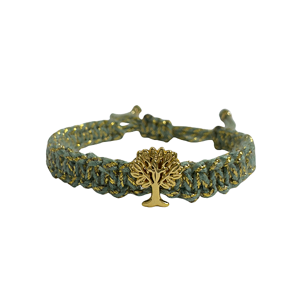 Pulseira de Macramê Verde e Dourado com Pingente Árvore da Vida 923P
