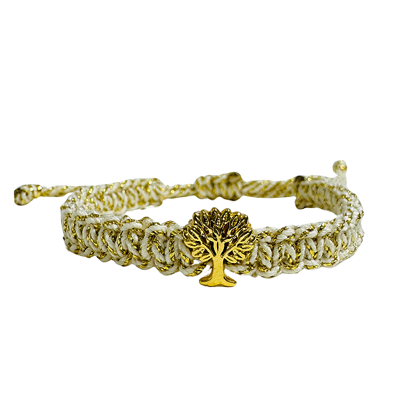 Pulseira de Macramê Bege e Dourado com Pingente Árvore da Vida 924P