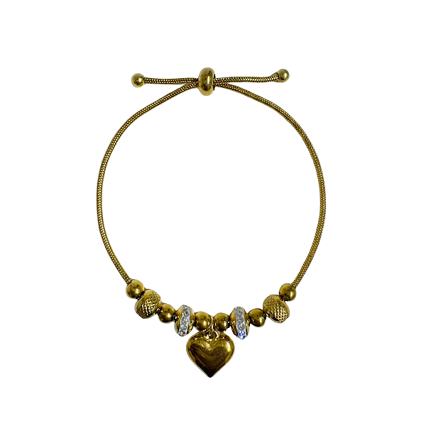 Pulseira Dourada com Berloques e Coração em Aço 918P