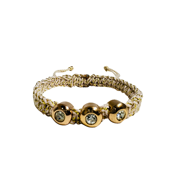 Pulseira de Macramê Bege e Dourado com Pingentes 927P