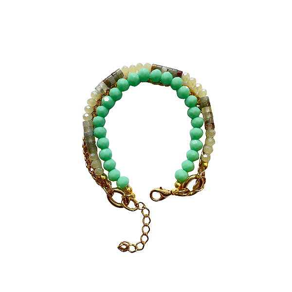 Pulseira 3 Voltas Dourada com Cristais Verde-Água e Pedras Cinzas 934P