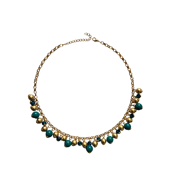 Colar de Esferas Douradas Turquesa e Azul CL901