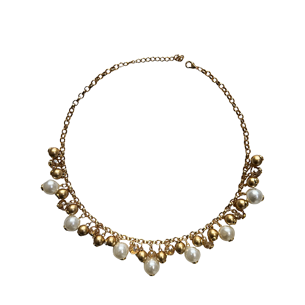Colar de Esferas Dourado com Cristais Brancos CL899