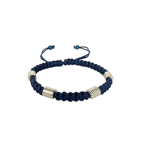 Pulseira Feminina Ajustável de Macramê Azul Marinho com Entremeios Prata 882P