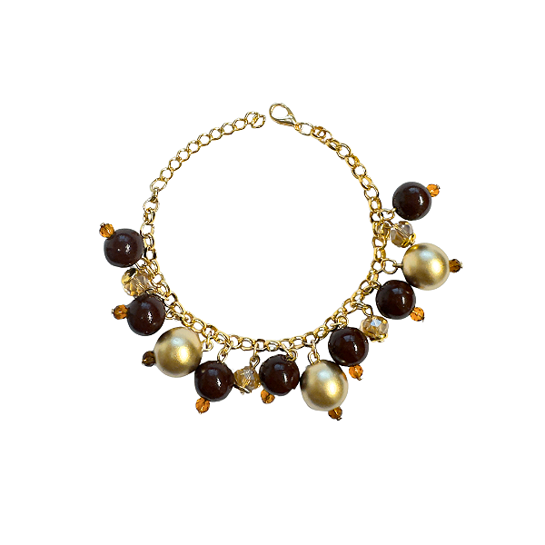 Pulseira de Esferas e Cristais Dourados e Marrom