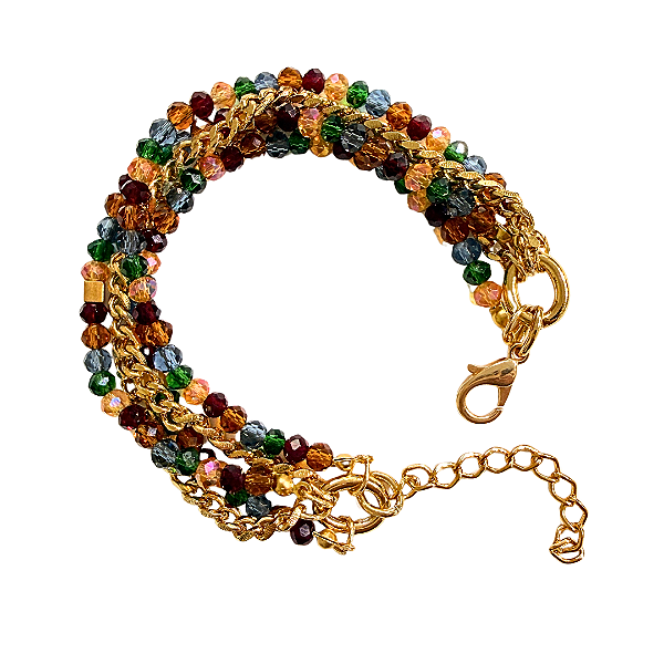 Pulseira 5 Voltas com Cristais Coloridos e Quadrados Dourado