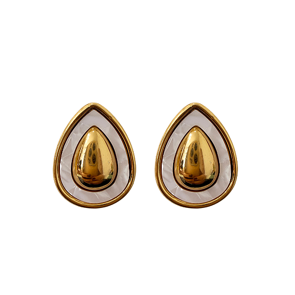 Brinco Médio Gota de Aço Dourado com Madrepérola de Resina
