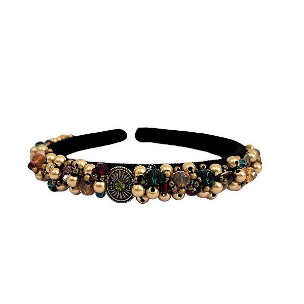 Tiara de Luxo Fina Bordada Preta ,Strass e Pedras Coloridas - T15
