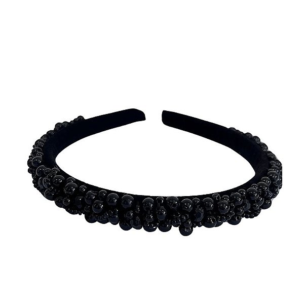 Tiara de Luxo Bordada Fina Pedrarias Pretas - T126