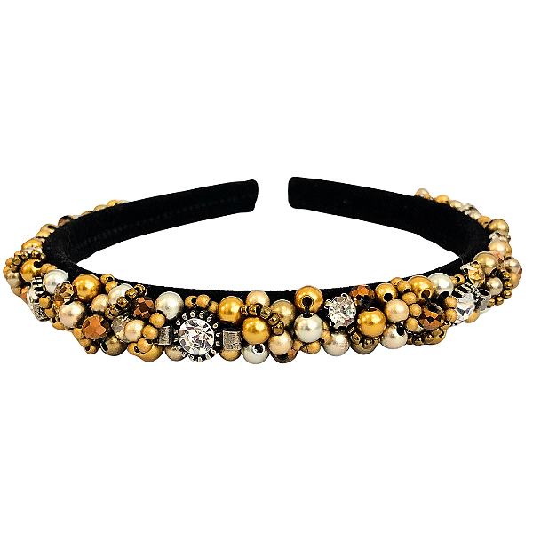 Tiara de Luxo Fina Bordada Preta ,Strass e Pedras Douradas e Cinzas- T13