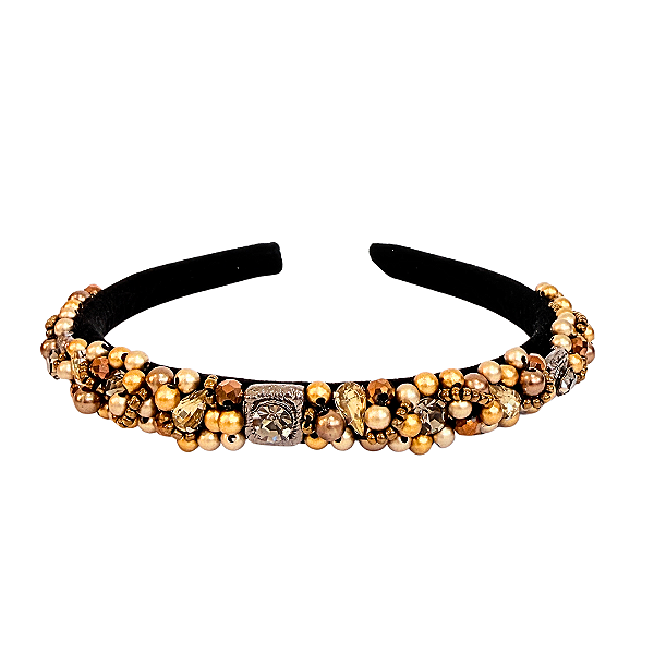 Tiara de Luxo Fina Bordada Preta com Strass Dourado e Pedras Cinza Feminina