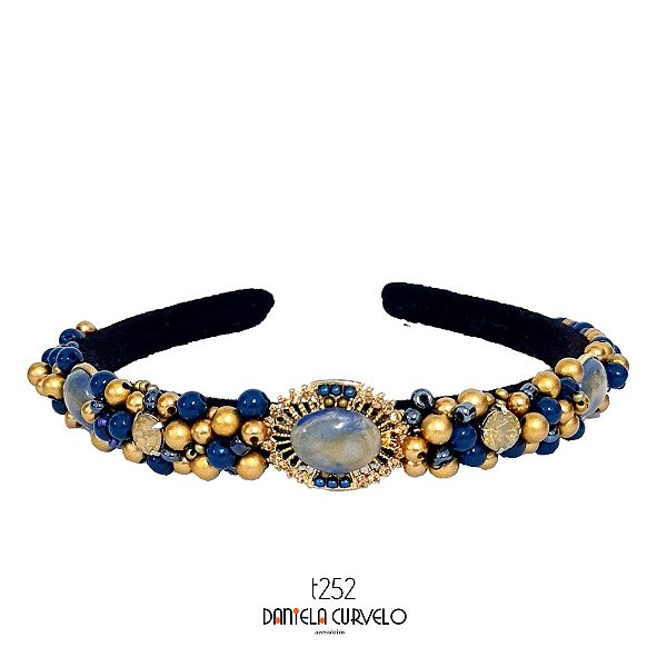 Tiara de Luxo Bordada Fina Preta Azul com Dourado T252