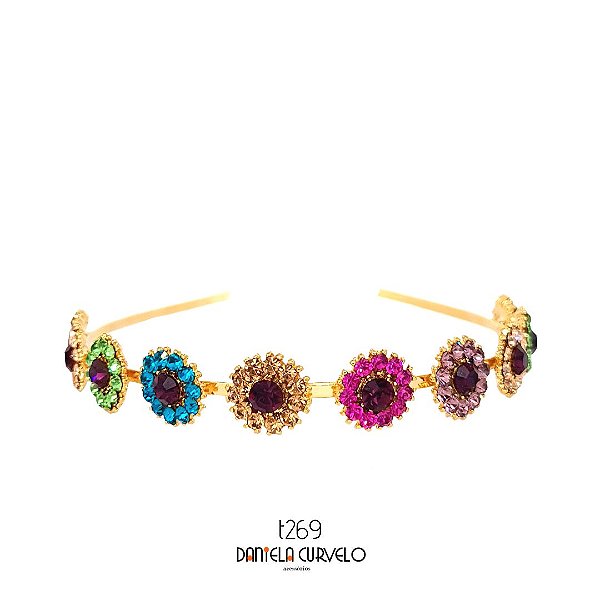 Tiara de Metal Flores de Strass Colorido Vibrante - T269