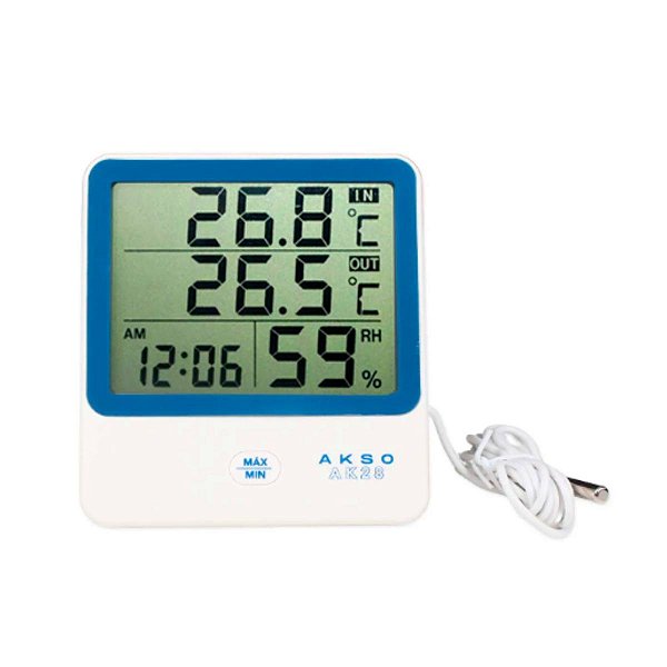 Termo-Higrômetro Digital Com Relógio E Sensor Externo AK28 Akso