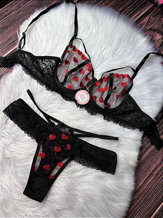 Conjunto Lingerie Renda e Tule Corações