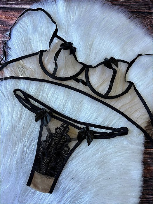 Conjunto Lingerie Tule e Renda Preto Feminino