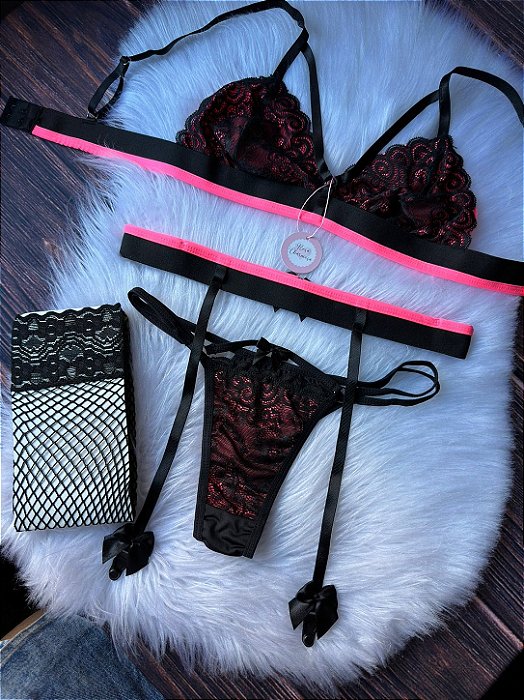 Conjunto Cinta Liga Preto com Detalhes Rosa