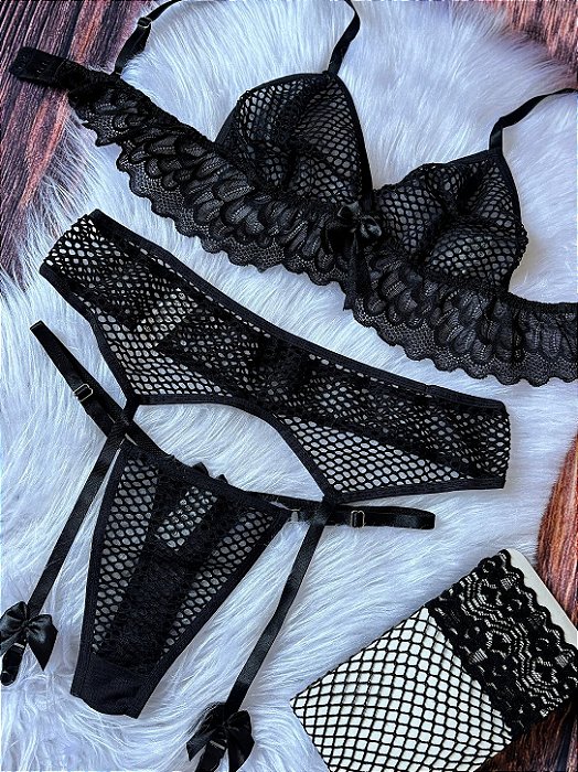 Conjunto Tela Cinta Liga Preto Feminino