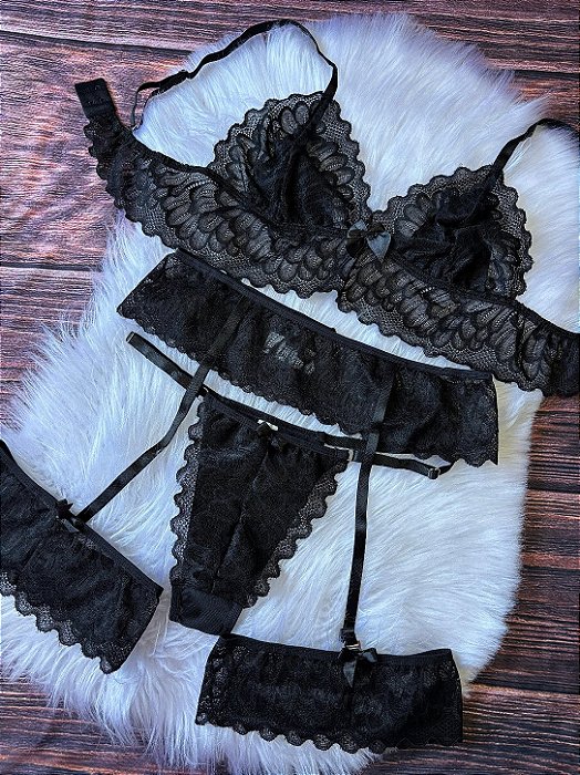 Conjunto cinta liga de renda preto