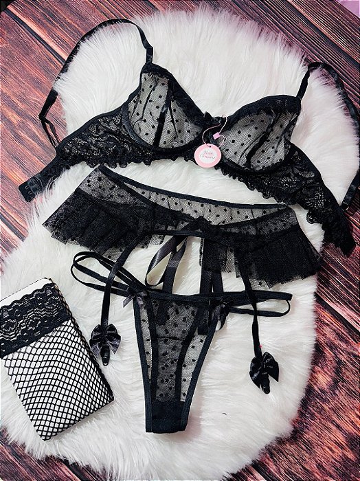 Conjunto Cinta de Tule Preto Sensual
