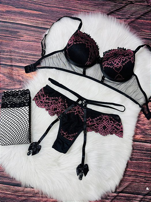 Conjunto Cinta Liga Rendado Preto com Vermelho