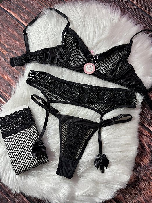 Conjunto Cinta Liga arrastão Preto