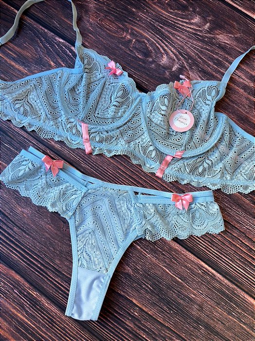 Conjunto Lingerie Renda Azul com Laços