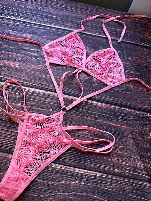 Body Rosa Transparente em Renda