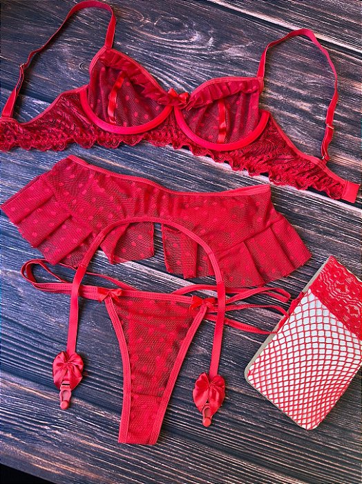 Conjunto Cinta de Tule Vermelho Sensual