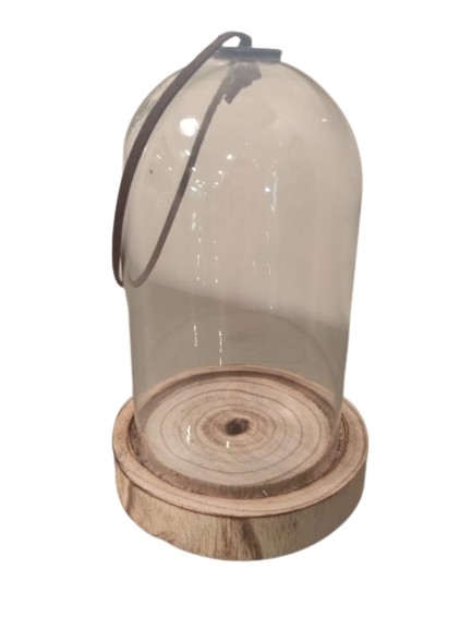 Redoma de vidro com alça de couro e base de madeira