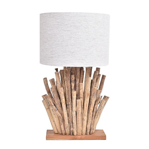 ABAJUR COM BASE DE TRONCO NATURAL E CUPULA DE LINHO