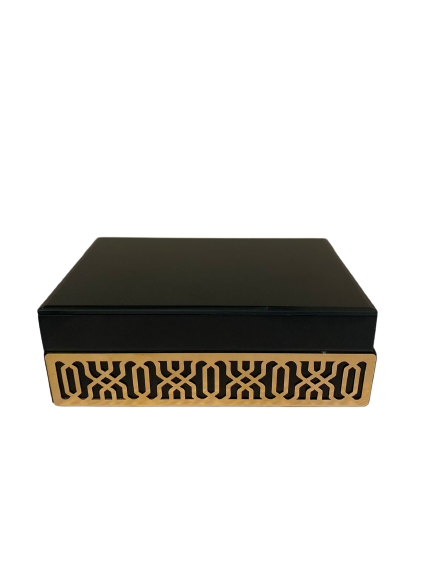 CAIXA DE MADEIRA E VIDRO AZUL MARINHO COM DETALHES  DOURADO P