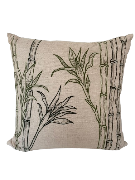 ALMOFADA LINHO CRU 52X52 VERDE C/ BORDADO FINO BAMBU