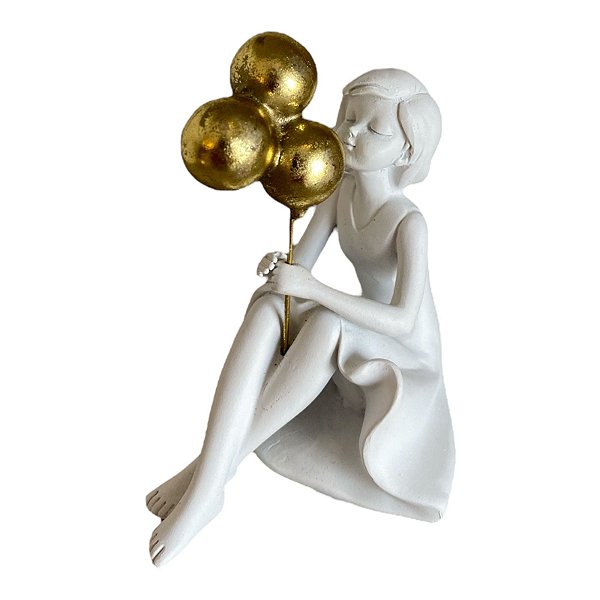 ESCULTURA MENINA SENTADA COM BALÃO DECORATIVA EM POLIRESINA - BRANCO E DOURADO