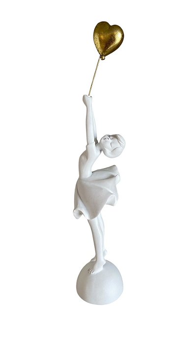 ESCULTURA MENINA COM BALÃO CORAÇÃO DECORATIVA EM POLIRESINA - BRANCO E DOURADO 30 7CM