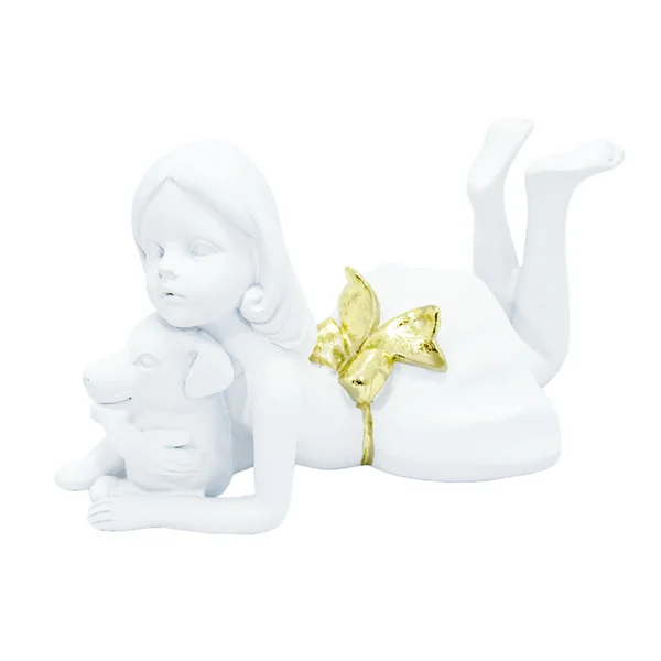 ESCULTURA DECORATIVA MENINA DEITADA COM CACHORRO