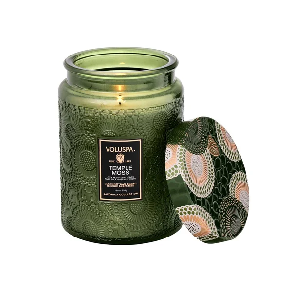 VELA VOLUSPA POTE DE VIDRO G RELEVO TEMPLE MOSS - 100H