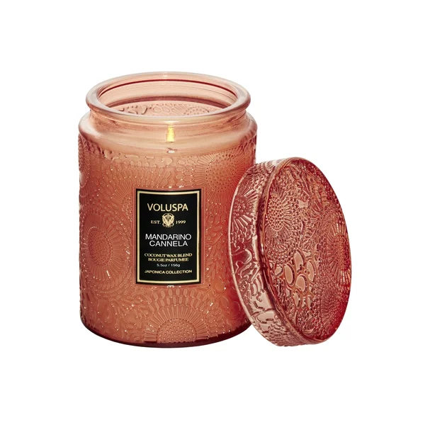 VELA VOLUSPA POTE DE VIDRO G RELEVO MANDARINO CANNELA - 100H