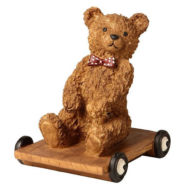 ESCULTURA DECORATIVA URSO NO CARRINHO EM RESINA