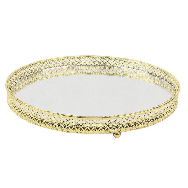BANDEJA DECORATIVA ESPELHADA REDONDA DOURADA - 20 CM