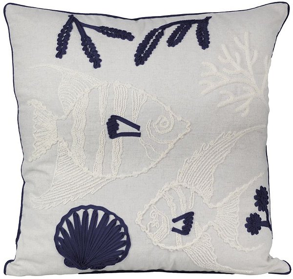 ALMOFADA LINHO CRU 52X52 COM APLIQUE E BOUCLE PEIXE MARINHO