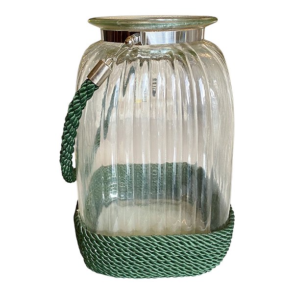 LANTERNA EM VIDRO COM ALÇA E DETALHE EM CORDA VERDE