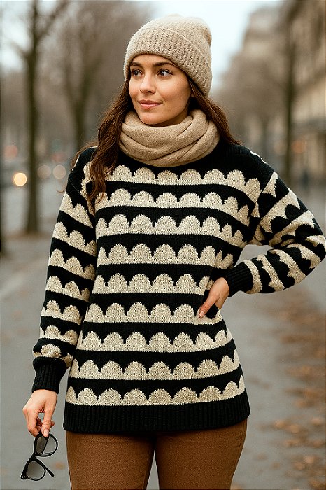 Suéter Feminino com Arcos – Sofisticação Criativa com Toque Aconchegante