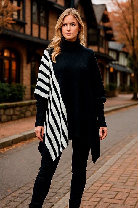Poncho Feminino de Tricô com Listras Laterais – Elegância com Movimento Contemporâneo