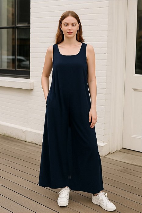 Vestido Evasê Feminino Longo com Decote Quadrado em Algodão