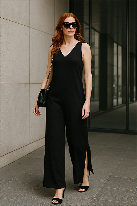 Macacão Pantalona Longo Feminino com Fenda e Decote V em Viscose
