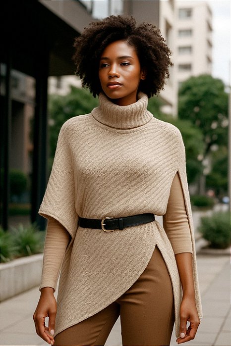 Poncho Feminino de Tricô Irregular Gola Alta Cor Bege