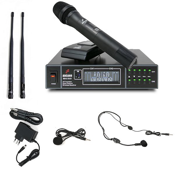 Microfone Sem fio Arcano Duplo Bb-2 Preto Com 1 Bastão e 1 Auricular + Lapela