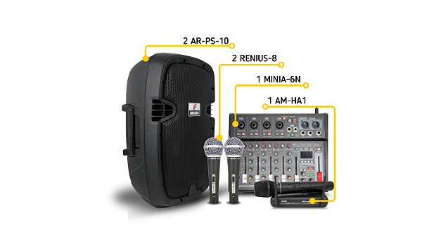 Kit Arcano 2 Caixas ativas AR-PS-10 + 2 Microfones com fio RENIUS-8 XLR-P10 + 1 Mesa de som MINIA-6N + 1 Microfone sem fio AM-HA1