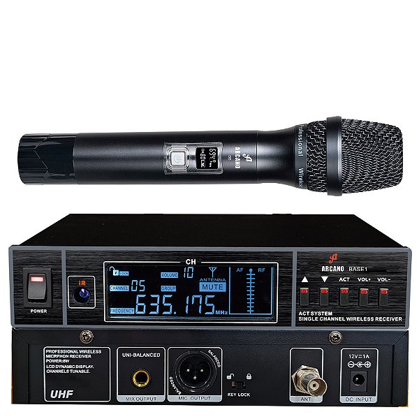 KIT BB-1 - MICROFONE SEM FIO UNITÁRIO ARCANO ACOMPANHADO DE BASE RECEPTORA E FONTE BI-VOLT, ANTENA